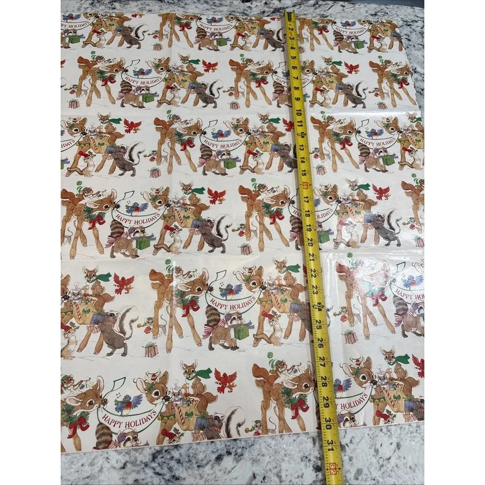 9 VTG LK Powell‎ Woodland Animals Happy Holidays Wrapping Paper gift wrap READ